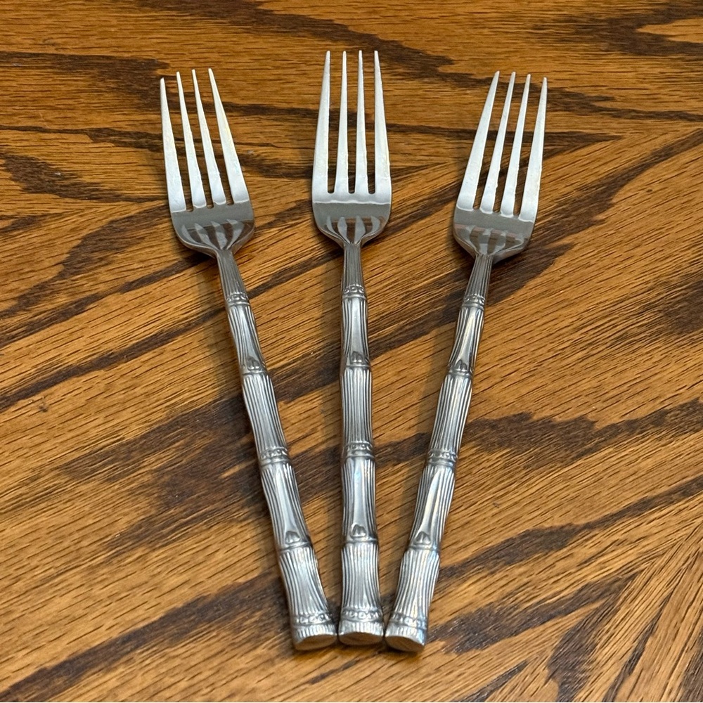 Hampton Silversmiths Cathay Mirror Bamboo 3 Dinner Forks Stainless Flatware MCM